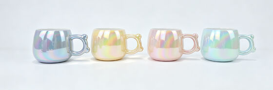 4 Pack Holographic Rainbow Ceramic Coffee Mugs, Cute Bear Shaped Handle Bubble Cups, Shiny Iridescent Glaze Tea Cups for Home Decor & Holiday Gift