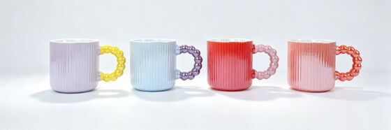 4 Pack Vertical Ribbed Ceramic Coffee Mugs, Cute Bubble Bead Ring Handle Tea Cups, Gradient Solid Color Drink Cups for Desk Decor & Holiday Gift