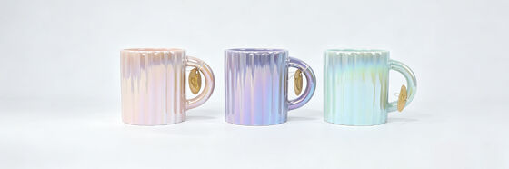3 Pack Pearlescent Rainbow Fluted Ceramic Coffee Mugs, Gradient Iridescent Vertical Striped Tea Cups with Round Handle, Aesthetic Decor Drinkware for Home Desk & Gift