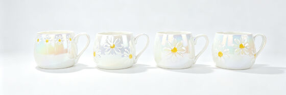 Pearlescent Iridescent Embossed Daisy Ceramic Mugs, Rainbow Luster Floral Coffee Cups, Round Belly Cute Daisy Tea Mugs, Aesthetic Spring Floral Drinkware Gift for Women