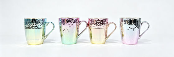 Iridescent Metallic Electroplated Ceramic Coffee Mugs, Vintage Embossed Floral Pattern Shiny Rainbow Gradient Tea Cups, Decorative Porcelain Drinking Mugs for Home Tabletop & Gift Giving