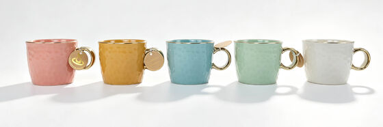 Hammered Textured Ceramic Coffee Mugs with Gold Rim & Gold Handle, Pastel Color Block Tea Cups Set, Minimalist Glossy Porcelain Mugs for Home Decor & Gift