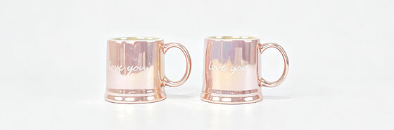 Metallic Rose Gold Ceramic Mugs Set of 2, Cursive "love you" Couple Coffee Mugs, Shiny Electroplated Valentines Tea Cups Romantic Gift for Her Him