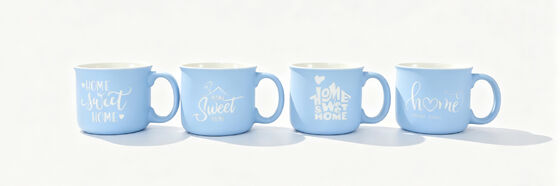 Set of 4 Light Blue Home Sweet Home Ceramic Mugs, Four Unique White Script Heart & House Letter Print Coffee Cups, Farmhouse Cozy Home Decor Tea Mugs for Housewarming Gift