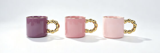 Luxury Chain Gold Handle Ceramic Mugs Set of 3, Gloss Pastel Purple Pink Coffee Cups with Golden Rim, Elegant Aesthetic Decor Tea Mugs for Gift & Home Table Decor