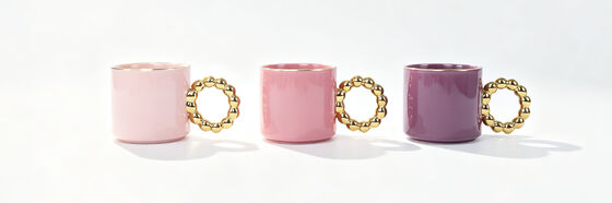 Luxury Beaded Gold Handle Ceramic Mugs Set of 3, Gloss Blush Dusty Lavender Purple Coffee Cups with Thin Golden Rim, Elegant Aesthetic Decor Tea Mugs for Women Gift & Home Table Styling
