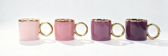 4 Pack Gloss Pastel Ceramic Mugs with Large Round Gold Ring Handle & Gold Rim, Blush Pink Dusty Pink Lavender Purple Luxury Coffee Tea Cups, Aesthetic Decor Drinkware Gift for Women
