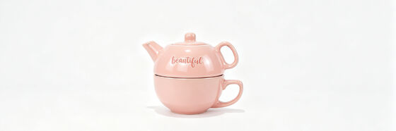 Stackable Pink Ceramic Tea for One Set, Embossed "beautiful" Single Serve Teapot & Matching Mug Combo, Glossy Cute Mini Porcelain Tea Maker Gift for Women
