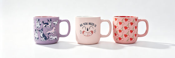 3 Pack Cute Pastel Matte Ceramic Mugs, Dog Print, Smile Quote & Heart Cherry Pattern Coffee Cups, Fun Aesthetic Tea Mug Set for Women Gift & Home Decor