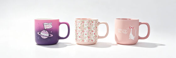 3 Pack Cute Aesthetic Matte Ceramic Mugs, Gradient Space Planet, Floral Stripe & Funny Cat Print Coffee Cups, Soft Pink Pastel Tea Mug Set for Women Gift & Home Decor