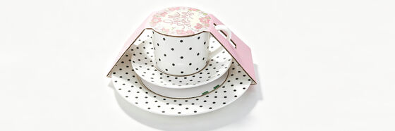 Polka Dot Ceramic Tea Cup Saucer Plate Gift Set with Hello Spring Floral Card Sleeve, Gold Rim 3-Piece Single Serving Coffee Tableware, Cute Black Dot Porcelain Afternoon Tea Gift Box for Women