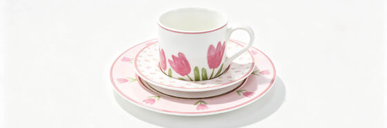 3 Piece Pink Tulip Floral Porcelain Tea Set, Hand Drawn Watercolor Flower Teacup Saucer Plate Combo, White Ceramic Single Serving Afternoon Tea Tableware Gift for Women