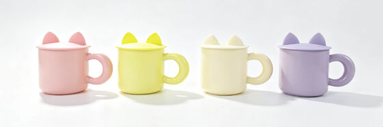 4 Pack Cute Cat Ear Lid Ceramic Mugs, Pastel Macaron Color Thick Bubble Handle Coffee Cups, Kawaii Kitty Cover Tea Mug Set for Girls Gift & Office Decor