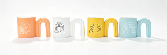4 Pack 3D Arch Rainbow Handle Ceramic Mugs, Pastel Solid Color Line Rainbow Print Coffee Cups, Cute Minimalist Rainbow Tea Mug Set for Home Decor & Women Gift