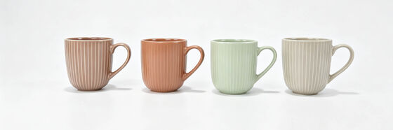 4 Pack Vertical Fluted Pastel Earth Tone Ceramic Mugs, Embossed Ribbed Neutral Matte Coffee Cup Set, Warm Terracotta Sage Cream Textured Tea Mugs for Farmhouse Kitchen Decor & Housewarming Gift