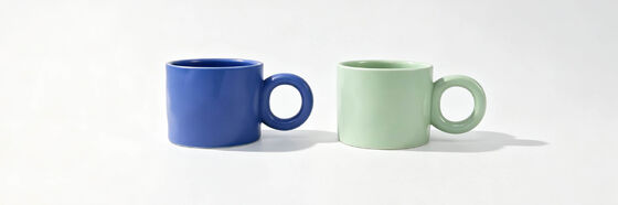 2 Pack Chunky Big Ring Handle Ceramic Mugs, Solid Gloss Cobalt Blue & Sage Green Short Wide Body Coffee Cups, Modern Minimalist Bubble Loop Tea Mug Set for Aesthetic Home Decor & Couple Gift