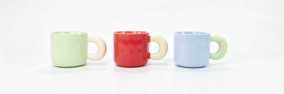 3 Pack Two-Tone Chunky Big Bubble Handle Ceramic Mugs, Short Wide Pastel Solid Color Coffee Cups, Cute Contrast Round Loop Tea Mug Set for Kawaii Desk Decor & Couple Gift