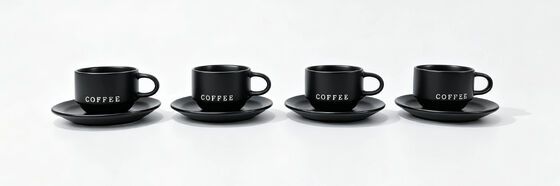 4 Pack Matte Black COFFEE Letter Ceramic Cup & Saucer Sets, Short Wide Belly Espresso Latte Mugs, Minimalist Monochrome Coffee Tableware Combo for Café & Modern Home Gift