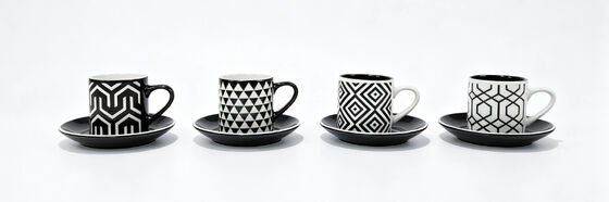 4 Pack Black & White Geometric Pattern Ceramic Cup & Saucer Sets, Modern Abstract Graphic Coffee Mugs, Contrast Interior Latte Tea Mug Combo for Minimalist Home & Housewarming Gift