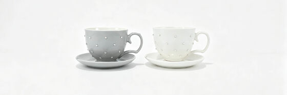 2 Pack Embossed Dot Ceramic Tea Cup & Saucer Sets, Heart Shaped Handle Polka Dot Latte Mugs, Light Gray & White Vintage Raised Dot Tableware for Bridal Shower & Couple Gift