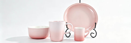 Ombre Gradient Glaze 4-Piece Ceramic Place Setting, Pink & Sky Blue 2 Color Options, Complete Breakfast Dinnerware Set with Bowl, Small Mug, Large Mug & Dinner Plate