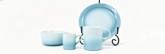 Ombre Gradient Glaze 4-Piece Ceramic Place Setting, Pink & Sky Blue 2 Color Options, Complete Breakfast Dinnerware Set with Bowl, Small Mug, Large Mug & Dinner Plate