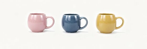 Glossy Bulbous Round Belly Solid Color Ceramic Mugs, 3 Pastel Color Set