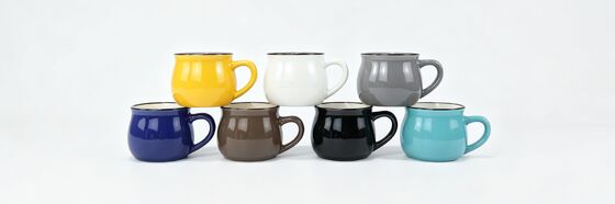 Bulbous Belly Ceramic Mugs with Thin Black Rim, 7 Vibrant Color Assortment Set