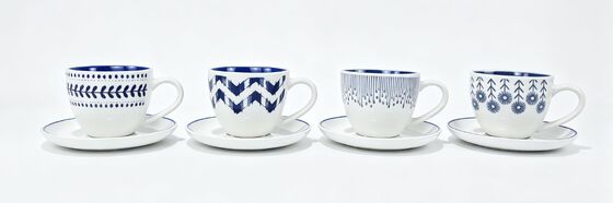 Indigo Blue Hand-Drawn Folk Art Ceramic Cup & Saucer 4-Style Complete Collection