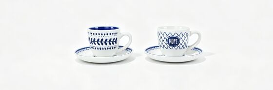 Indigo Blue Hand-Drawn Folk Art Ceramic Cup & Saucer 4-Style Complete Collection