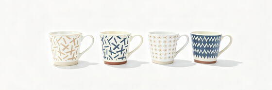 Boho Geometric Print Taper Ceramic Coffee Mugs, Neutral Hand Drawn Pattern Handle Tea Cups