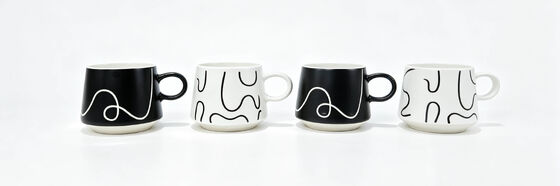 Minimalist Abstract Line Art Ceramic Mugs, Black White Wide Belly Round Handle Coffee Cups