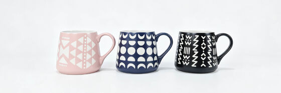 Boho Tribal Geometric Wide Belly Ceramic Coffee Mugs, Abstract Moon Triangle Print Handle Tea Cups