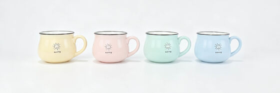 Cute Pastel Sunny Face Wide Belly Ceramic Mugs, Black Rim Hand Drawn Smile Sun Handle Tea Cups