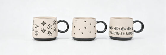 Cute Hand Drawn Pattern Wide Belly Ceramic Mugs, Black White Floral Heart Fish Round Handle Tea Cups