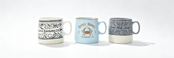Vintage Location Themed Wide Belly Ceramic Mugs, Coastal Mountain Lodge Graphic Printed Handle Coffee Tea Cups