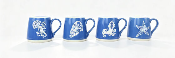 Coastal Sea Creature Tapered Ceramic Mugs, Deep Blue White Jellyfish Conch Octopus Starfish Handle Tea Cups