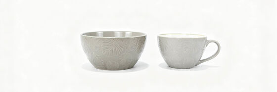 3D Embossed Monstera Leaf Ceramic Breakfast Sets, Matching Soup Bowl & Coffee Mug Tableware