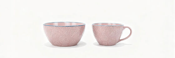 3D Embossed Monstera Leaf Ceramic Breakfast Sets, Matching Soup Bowl & Coffee Mug Tableware