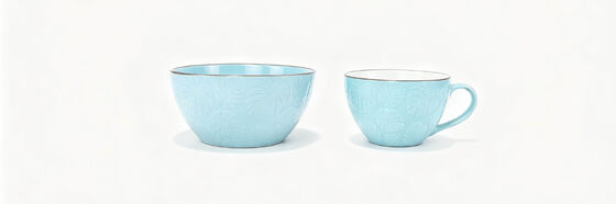 3D Embossed Monstera Leaf Ceramic Breakfast Sets, Matching Soup Bowl & Coffee Mug Tableware