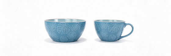 3D Embossed Monstera Leaf Ceramic Breakfast Sets, Matching Soup Bowl & Coffee Mug Tableware