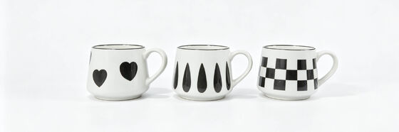 Minimalist Black Graphic Wide Belly White Ceramic Mugs, Heart Teardrop Checkerboard Print Coffee Tea Cups