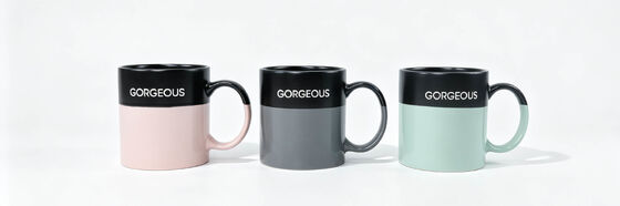 Two Tone Color Block "GORGEOUS" Affirmation Ceramic Mugs, Pastel Split Black Top Gloss Coffee Tea Cups Set