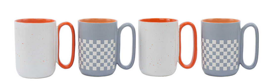 Modern Checkerboard Speckled Color Block Ceramic Mug Set, Grey & White Two-Tone Coffee Cups with Orange Interior Accent
