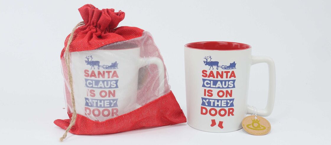 Santa Claus Is On The Door Christmas Gift Mug with Red Linen Drawstring Bag