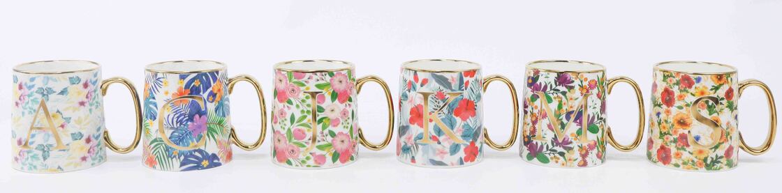 Personalized Gold Monogram Floral Ceramic Mug, Tropical Botanical Initial Letter Coffee Cup with Gold Rim & Handle