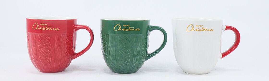 Embossed Cable Knit Merry Christmas Ceramic Mug 3-Piece Set, Classic Red Green White Holiday Textured Coffee Cups