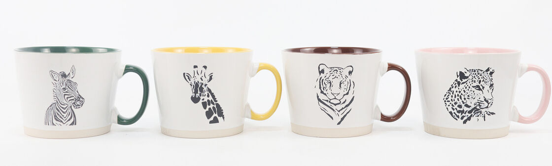 Minimal Safari Wild Animal Ceramic Mug 4-Piece Set, Two-Tone Rim Jungle Animal Sketch Coffee Cups