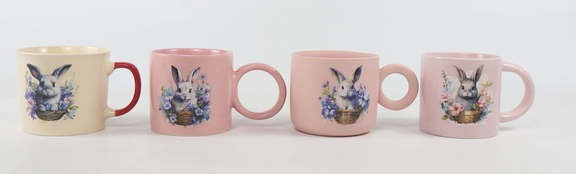 Coquette Floral Bow & Spring Bunny Ceramic Mug Series, Vintage Watercolor Pastel Coffee Cups with Chunky Round Handle