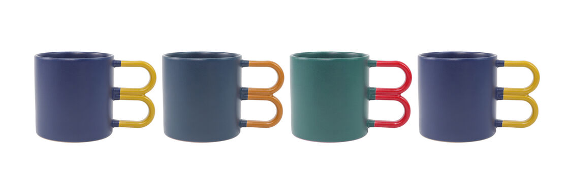 Modern Minimalist B-Shaped Dual Loop Handle Matte Ceramic Mug Set, Color Block Contrast Geometric Coffee Cups